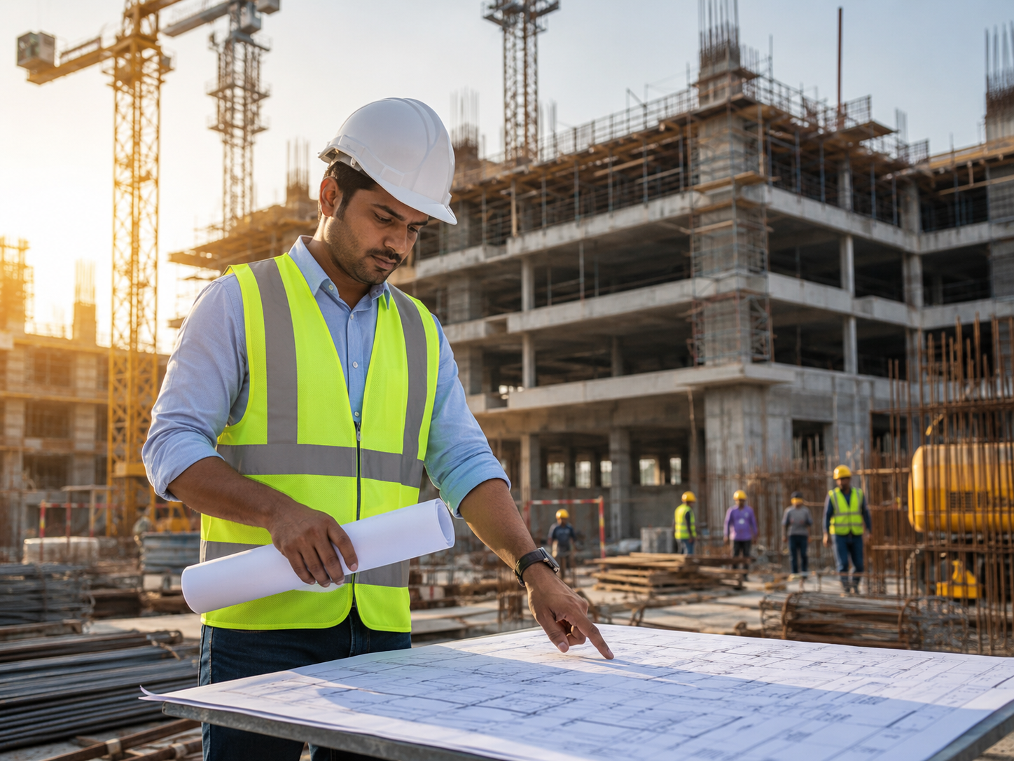 Construction engineer reviewing project plans